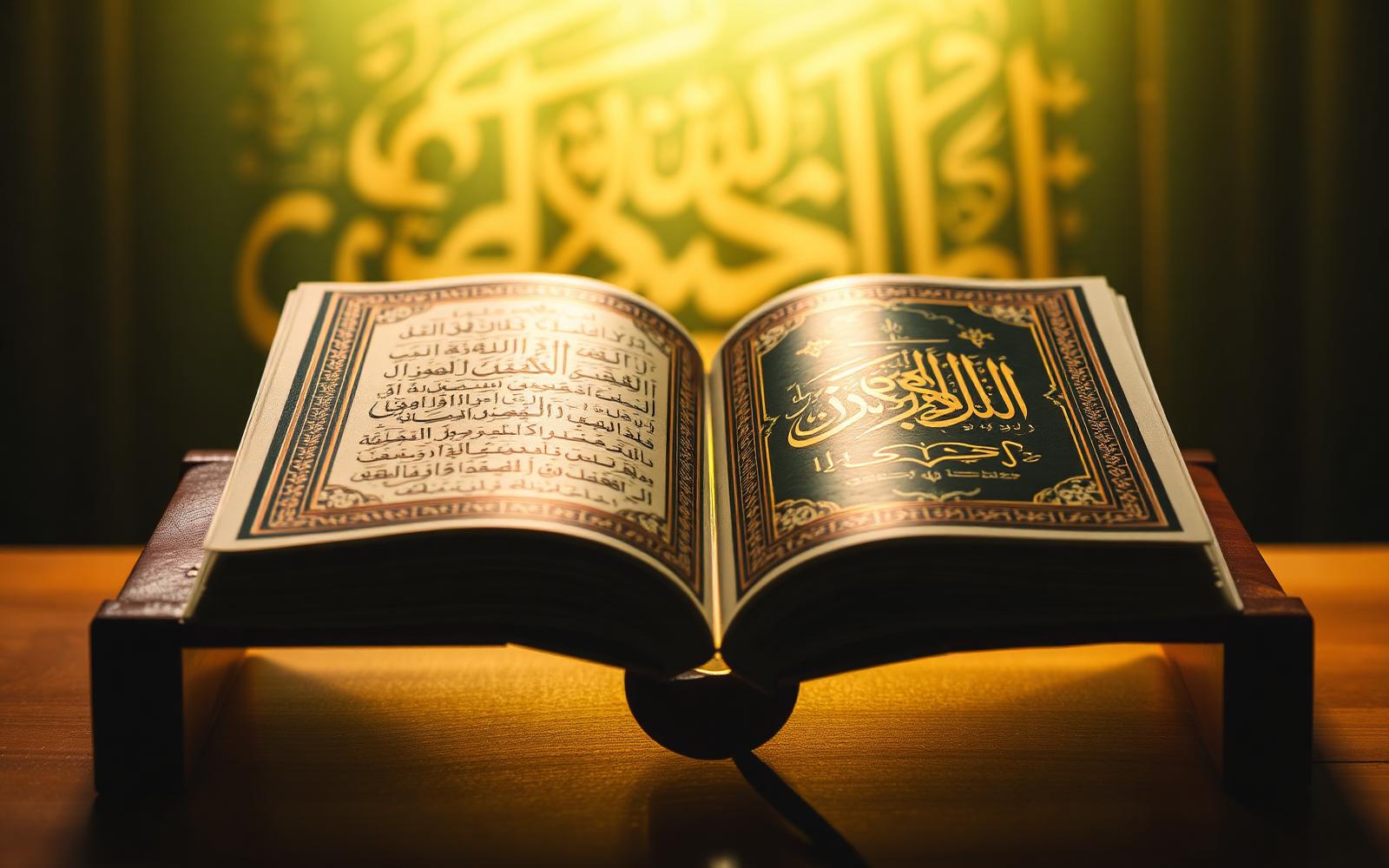 Open Holy Quran on wooden stand
